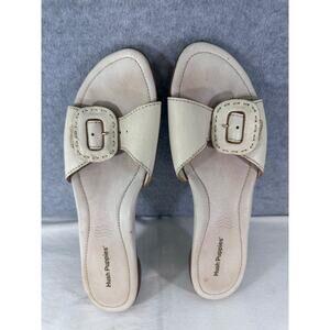 Hush Puppies Women's sz 10 Leather Large Buckle Slides Off White Comfort Sandal